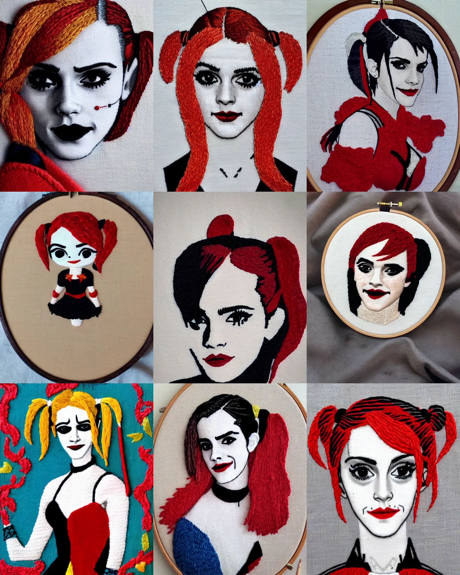 Prompt: a beautiful handmade embroidery of emma watson as harley quinn