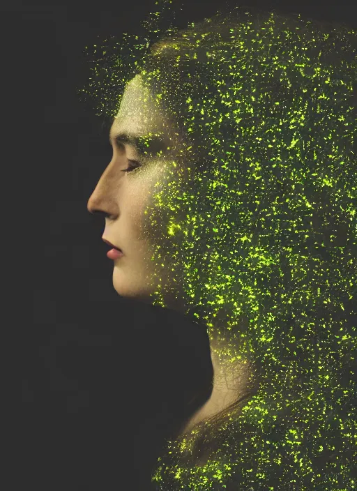 Image similar to a woman's face in profile, made of luminescent foliage, in the style of the Dutch masters and Gregory Crewdson, dark and moody, plain black background