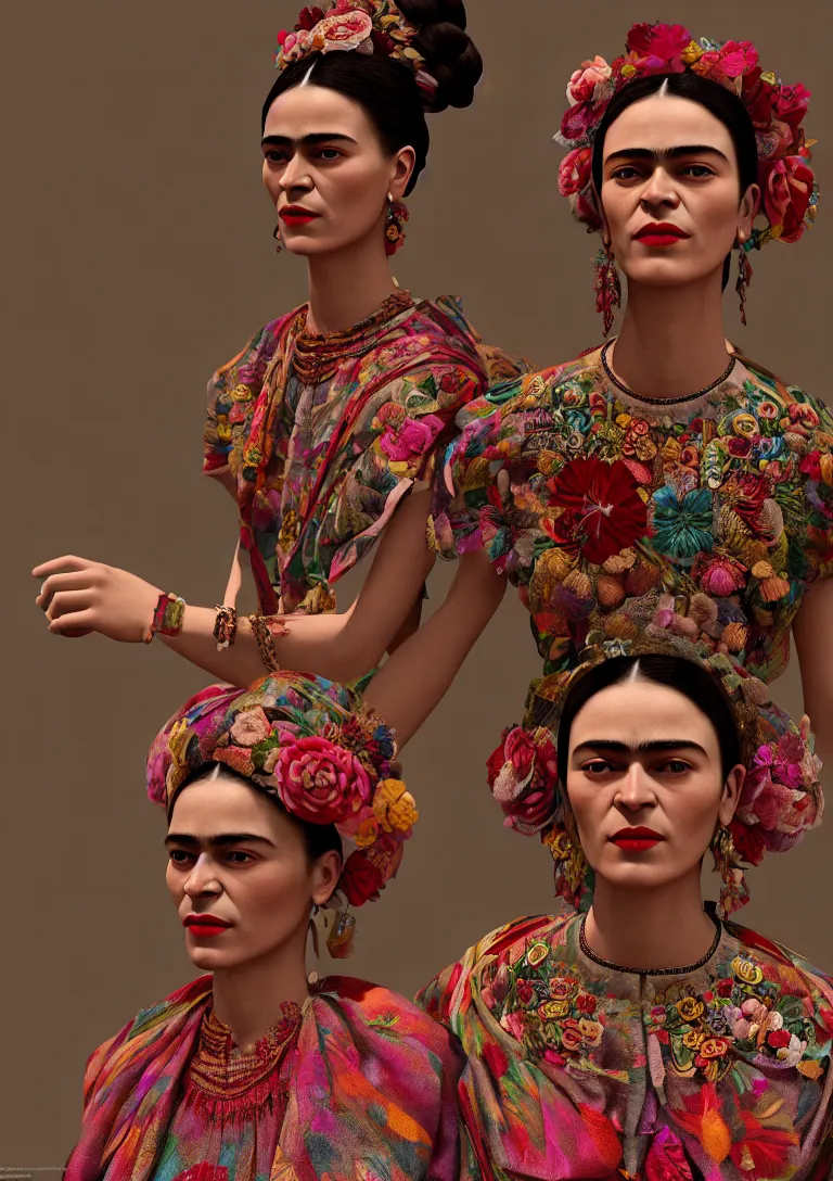 Image similar to cloths on frida khalo style, high detailed intricate fashion clothing, cotton texture, silk colors, ultra realistic, octane render, volumetric lights, long, wide skirts, loose - fitting blouses, elaborate hairstyles, and intricate embroidery