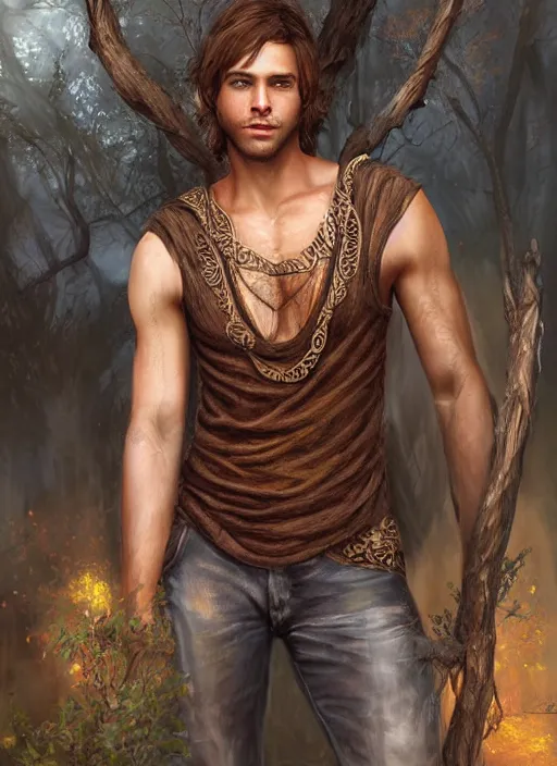 Prompt: a relaxed gorgeous male druid in a sleeveless west, short brown hair, stringy, full body, 8 k, hyperrealistic, hyperdetailed, fantasy portrait by laura sava