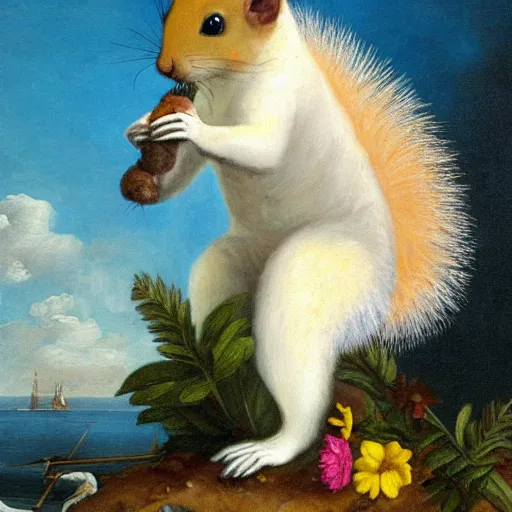 Image similar to a giant fluffy squirrel carrying napoleon bonaparte on its back, beach scene, flowers and foliage, detailed oil painting