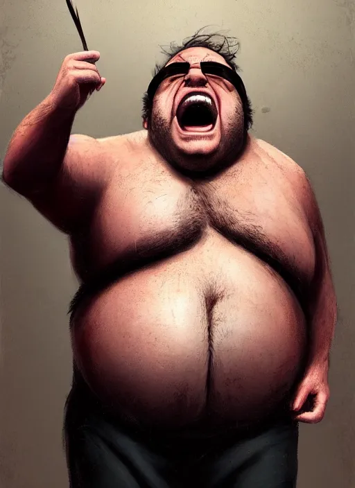 Prompt: Portrait of Fat Danny Devito with his belly sticking out as The Wolverine (2013), Hes screaming at the rain in the middle of the night road, realistic, detailed, 4k by Greg Rutkowski Mark Arian trending on artstation