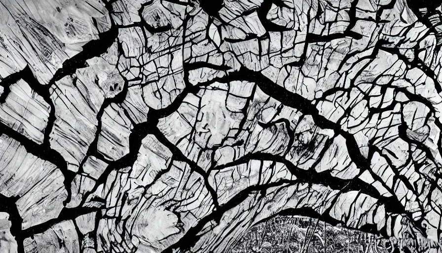 Image similar to petrified forest national park arizona in the style of bernie wrightson geode aesthetic abstract horror black and white