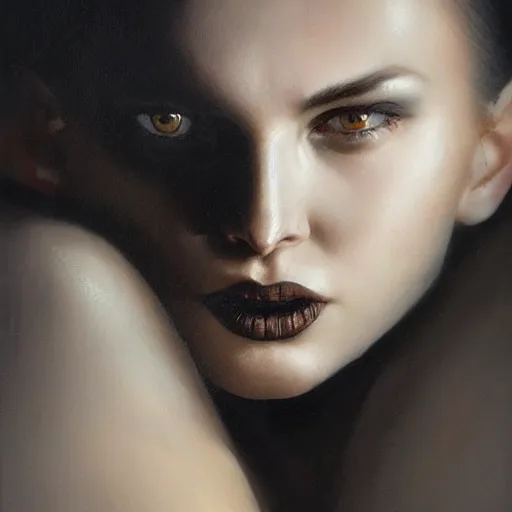 Image similar to Face of a beautiful woman with very black hair, intimidating woman, large black eyes, high forehead, smooth pale skin, ethereal skin, ominous, eldritch. oil painting by nuri iyem, james gurney, james jean, greg rutkowski, highly detailed, soft lighting, chiaroscuro