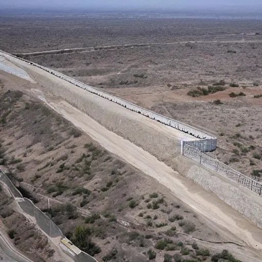 Prompt: Satellite image of the Donald Trump Border Wall, made of solid concrete and 50 feet high