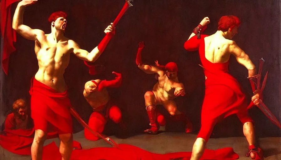 Image similar to only with red, a red gladiator in a crowded roman amphitheatre, crowd cheers him, in the style of rolf armstrong and ambrosius benson and edward hopper, intricate and epic composition, red by caravaggio, highly detailed, masterpiece, red light, artstation