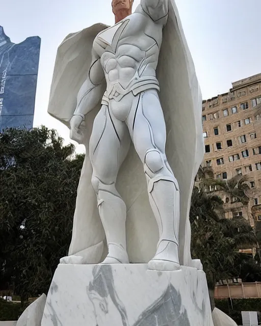 Image similar to a giant white marble sculpture depicting the Justice league, detailed, intricate Marble sculptures of The Superman, Wonder Woman all carved out of one giant Block of Marble