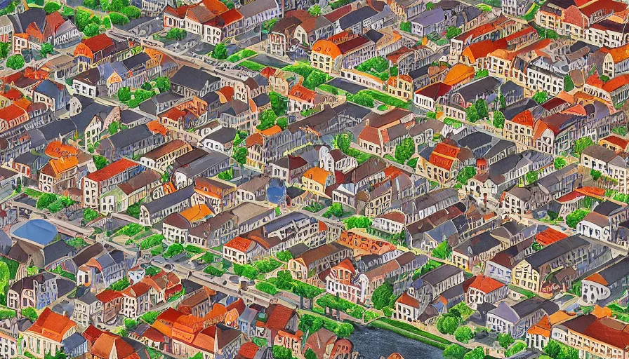 Image similar to dutch townscape, top - down isometric view, painting