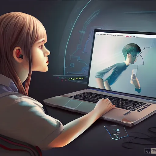 Image similar to realistic teenager using laptop in super tech room, artstation trends, concept art, highly detailed, intricate, sharp focus, digital art, 8 k