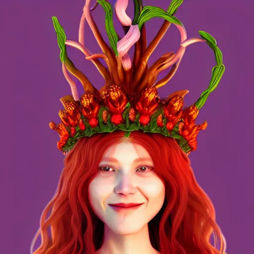 Image similar to cell shaded humanoid onion goddess, flower vine dress, crown, artstation, 4 k gorgeous, smiling, red hair regal, garlic scepter