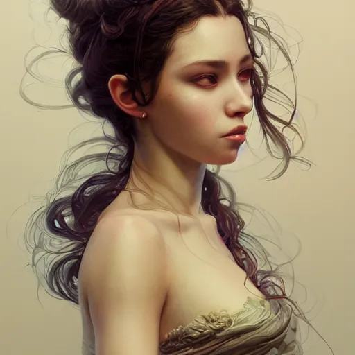 Prompt: a one - quarter portrait of a woman, studio shot, cinematic, artgerm, detailed, intricate, elegant, highly detailed, digital painting, artstation, concept art, smooth, sharp focus, illustration, art by greg rutkowskii, hana yata, artem demura, alphonse mucha