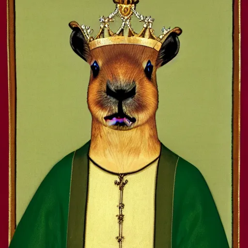 Prompt: a capybara in a crown dress on his head, wearing a long green silk balenciaga, portrait, 1 4 th century style, realistic,