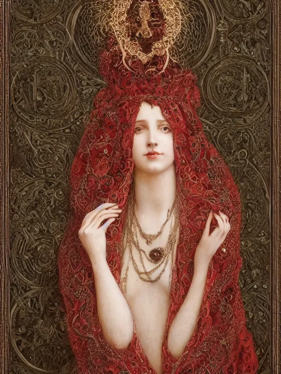 Prompt: a beautiful render of a catholic veiled red queen with symmetry intricate detailed ,heart sculpture,by Lawrence Alma-Tadema,aaron horkey,Billelis,trending on pinterest,hyperreal,jewelry,gold,intricate,maximalist,glittering,golden ratio,cinematic lighting