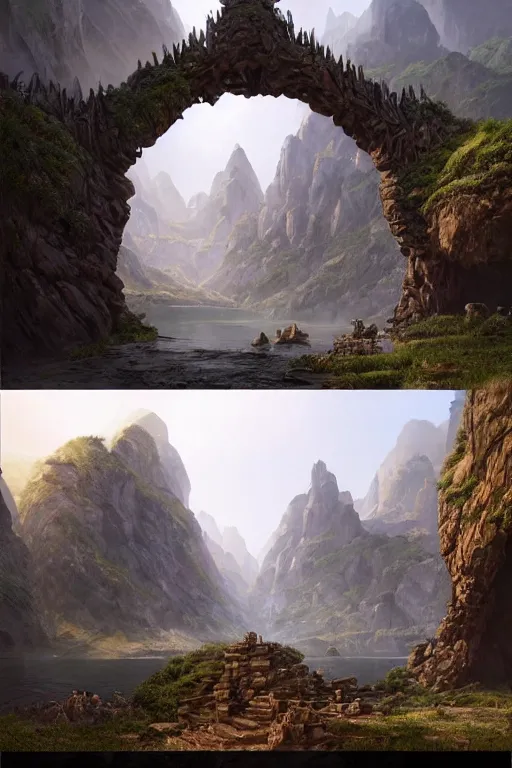 Image similar to a beautiful hyper realistic detailed matte painting of the entrance to a dungeon of the gods at the base of an ancient mountain, dramatic lighting, dynamic lighting, cinematic lighting, lit by morning light, by raphael lacoste and john howe and andreas rocha, unreal engine, featured on artstation, ultrawide angle, f 8, polarizer filter : 1 0