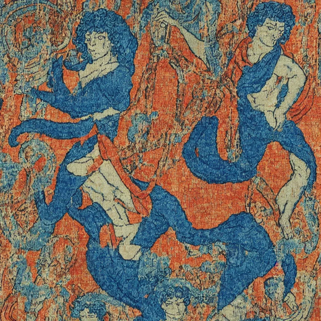 Image similar to Blue merman as a medieval tapestry