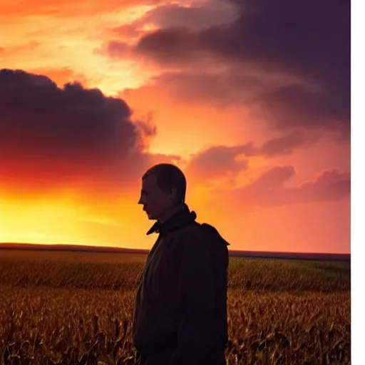 Prompt: close up of wounded putin standing at the edge of a large cornfield staring out in the distance, reflection of a sunset in his crying eyes, photography, highly detailed landscape, intense fantasy atmospheric lighting, hyperrealistic, spectacular mountains, bright clouds, luminous stellar sky, hd