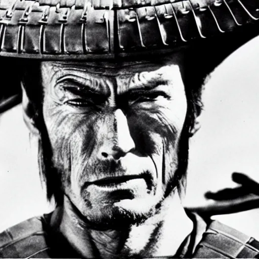 Image similar to clint eastwood as a samurai in seven samurai ( 1 9 5 4 ). grainy movie still