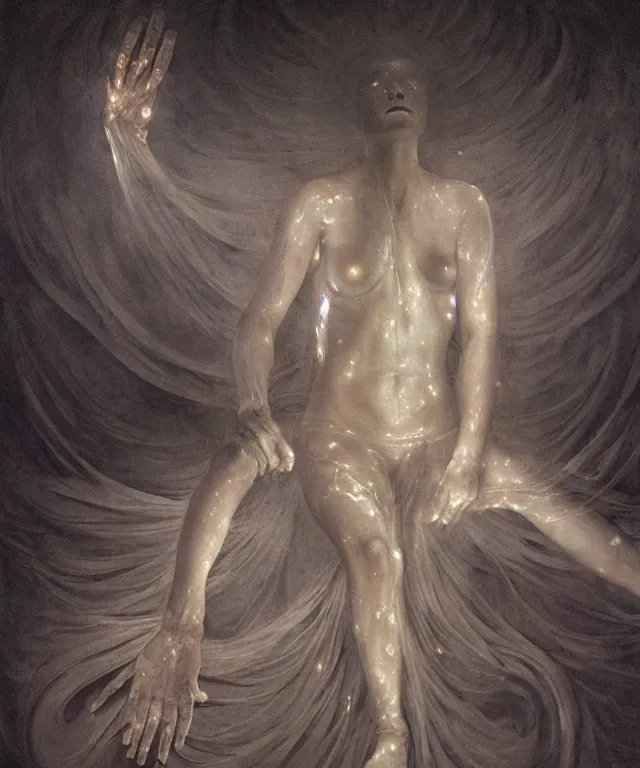 Image similar to Beautiful full-body wax sculpture of glowing transparent woman with visible bones covered with melted white candle wax inside the singularity where stars becoming baroque folds of dark matter by Michelangelo da Caravaggio, Nicola Samori, William Blake, Alex Grey and Beksinski, dramatic volumetric lighting, highly detailed oil painting, 8k, masterpiece