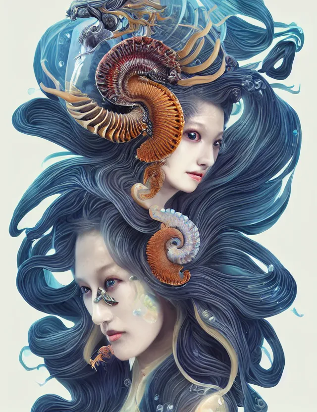 Image similar to 3 d goddess nautilus half - turn portrait with long hair with ram skull. beautiful intricately detailed japanese crow kitsune mask and clasical japanese kimono. betta fish, jellyfish phoenix, bio luminescent, plasma, ice, water, wind, creature, artwork by tooth wu and wlop and beeple and greg rutkowski