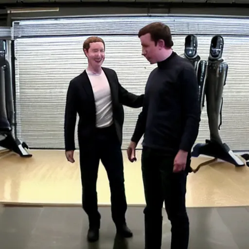 Image similar to mark Zuckerberg sword fighting with Elon musk in robotic samurai armor