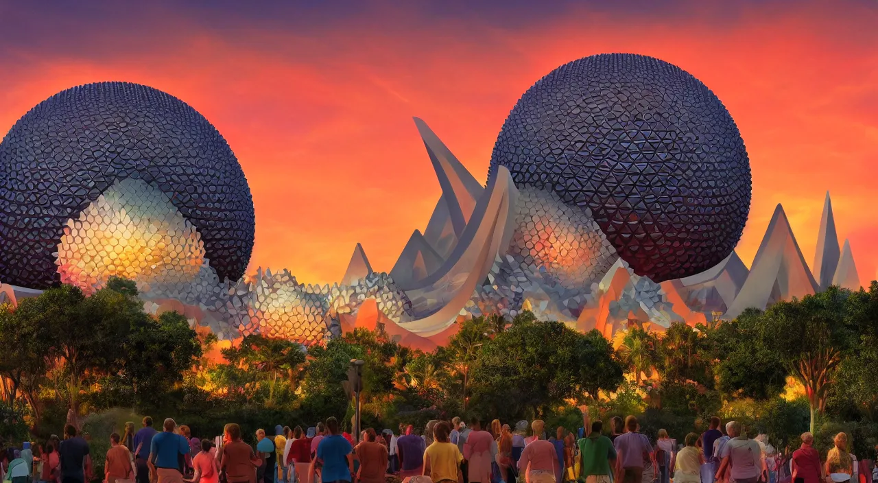 Prompt: a matte painting of spaceship earth taken at epcot at walt disney world, sunset, crowded by frank lloyd wright and zaha hadid torch volume light