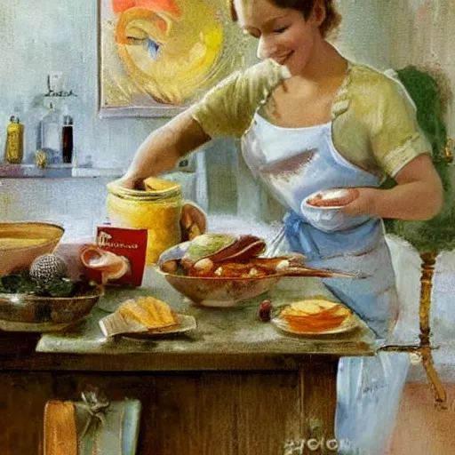 Image similar to young blonde wife making breakfast for her husband, painting by Vladimir Volegov,