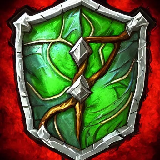 Image similar to green leaves shield weapon, tree roots on the shield weapon, shield made of leaves, epic fantasy style, hearthstone style, weapon art