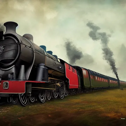 Image similar to the hogwarts express jacobite steam train, greg rutkowski, zabrocki, karlkka, jayison devadas, trending on artstation, 8 k, ultra wide angle, zenith view, pincushion lens effect