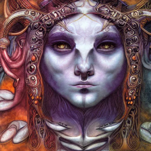 Image similar to portrait of aries zodiac artwork, mystic occult style, detailed, 8 k, symmetrical, by brian froud