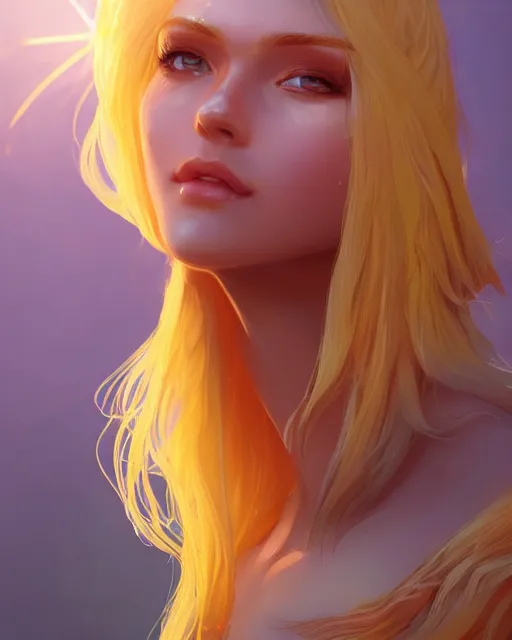 Image similar to a beautiful sun goddess, flowy yellow golden hair, golden eyes, sun, summer, cinematic lighting, highly detailed, digital painting, trending on artstation, pixiv, concept art, sharp focus, illustration, art by ross tran and wlop