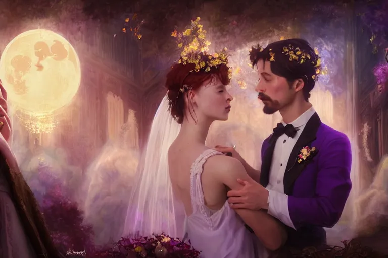 Image similar to a dreamlike cinematic portrait of wedding photograph close up moment of a divine a russia sun god and moon goddess lovers magician at a wedding banquet. portraiture. digital painting. artstation. concept art. fantasy wedding photo. digital painting, 8 k realistic, hyper detailed, violet evergarden art masterpiece by art by krenz cushart