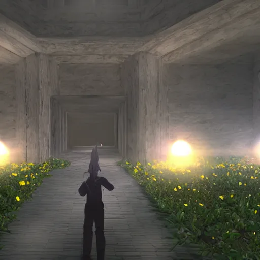 Image similar to the grand entrance to the endless maze, art by kotaro chiba, volumetric lighting, epic composition