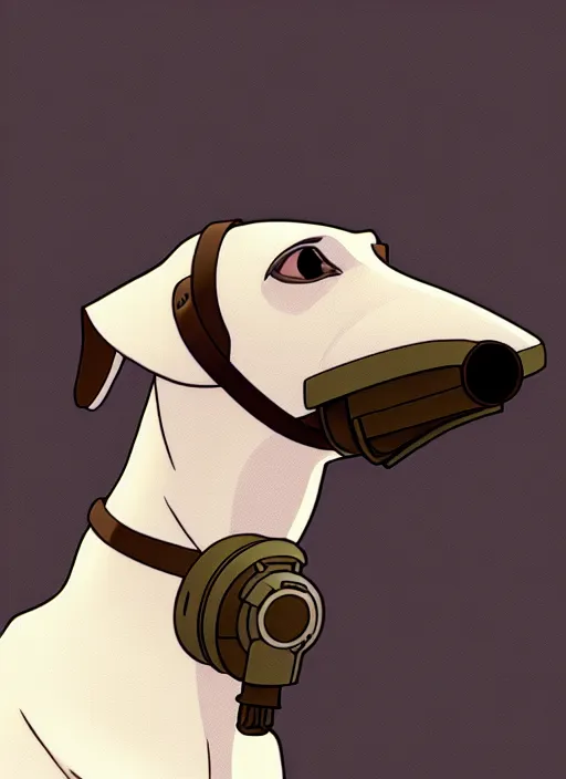 Prompt: intelligent white brown greyhound wearing gas mask, natural lighting, path traced, highly detailed, high quality, digital painting, by don bluth and ross tran and studio ghibli and alphonse mucha, artgerm