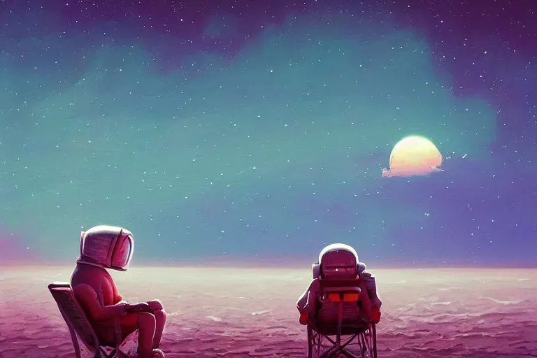 Prompt: astronaut sitting at the beach in a chair of an psychedelic alien planet watching the sunset, surreal photography, dark night, stars, moon light, impressionist painting, clouds, digital painting, artstation, simon stalenhag