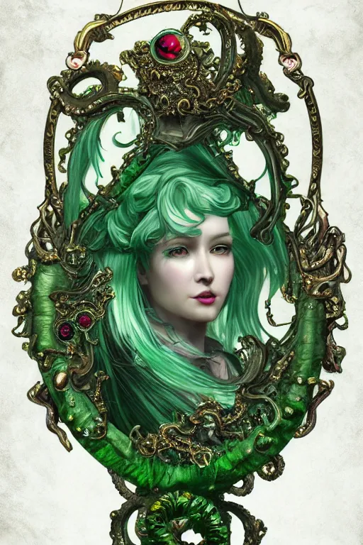 Prompt: rococo upper body portrait sigil with the intent of conquering the world lovecraftian undead zombie queen, green hair, by tian zi and wlop and alphonse mucha ornaments and gems hdr 8 k 3 d dslr hdr trending on artstation rendered with cryengine