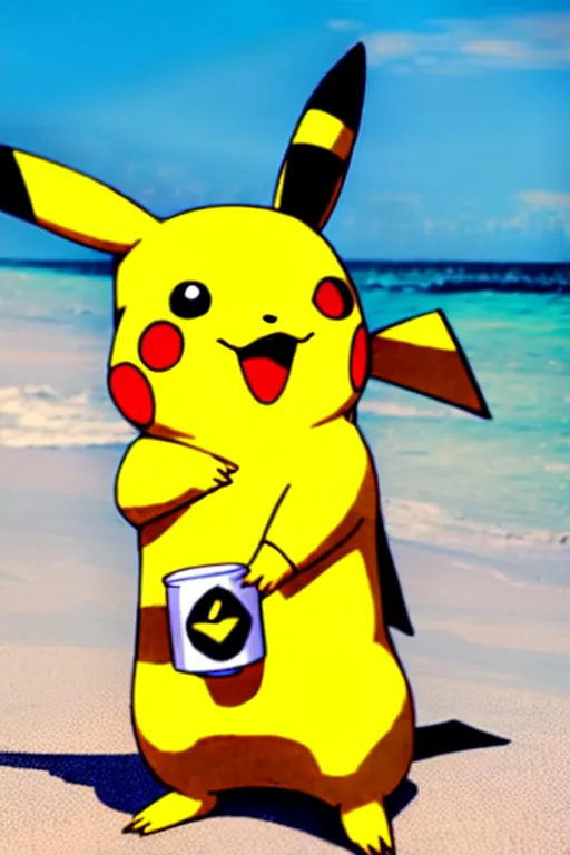 Image similar to pikachu drinking a beer on the beach