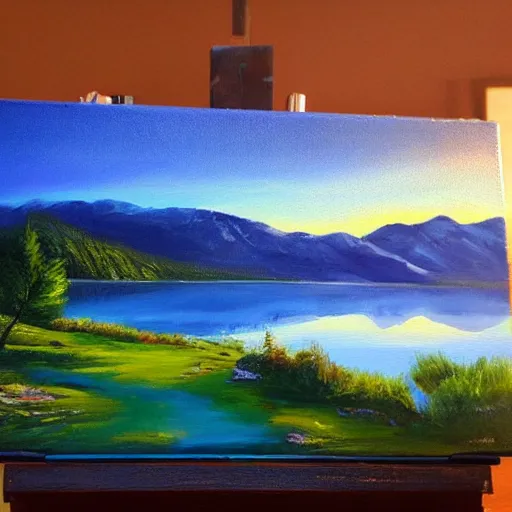 Prompt: a landscape with a lake in the mountain. sunset. cottage. acrylic painting. 4 k. very detailed. trandint on artstation. masterpiece. shadows.