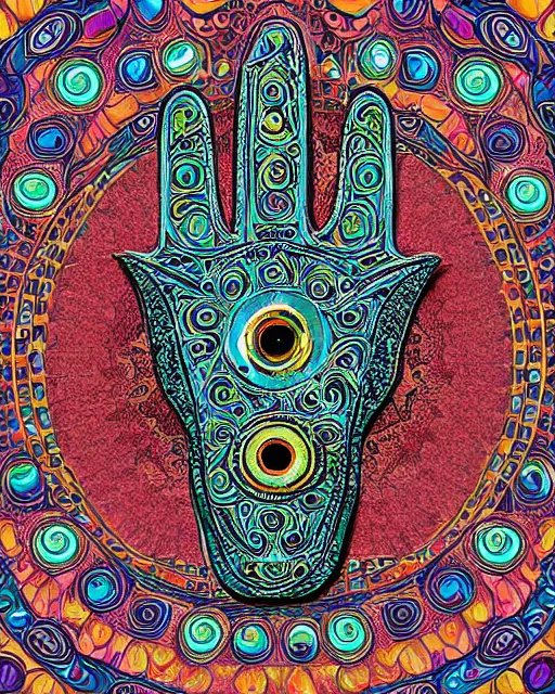 Image similar to hamsa cat with a single cyclops all-seeing eye intricate ceramic sculpture, drippy glazed dripping glaze Turkish Anatolian ceramic, highly detailed large sculpture object, finely hand painted intricate psychedelic op-art glitch patterned black colorful metallic decorative maximalist sculpted balanced, design by Felipe Pantone, isolated on white 8k octane render