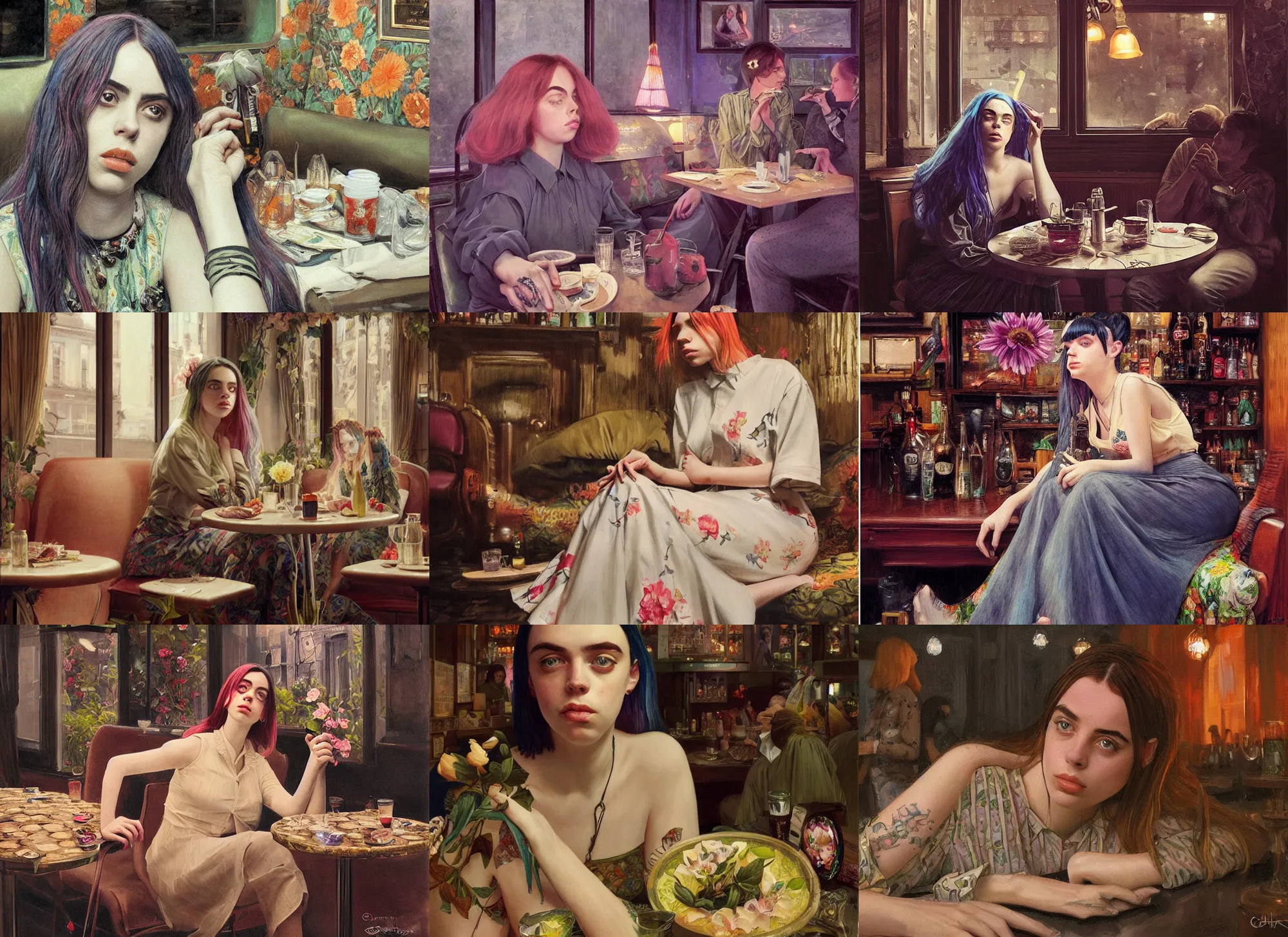 Prompt: sophisticated billie eilish as a 1960s flower hippie relaxing in a smokey Paris tavern, elegant, highly detailed, shallow depth of field, concept art, Artstation, Artgerm, Donato Giancola, Joseph Christian Leyendecker