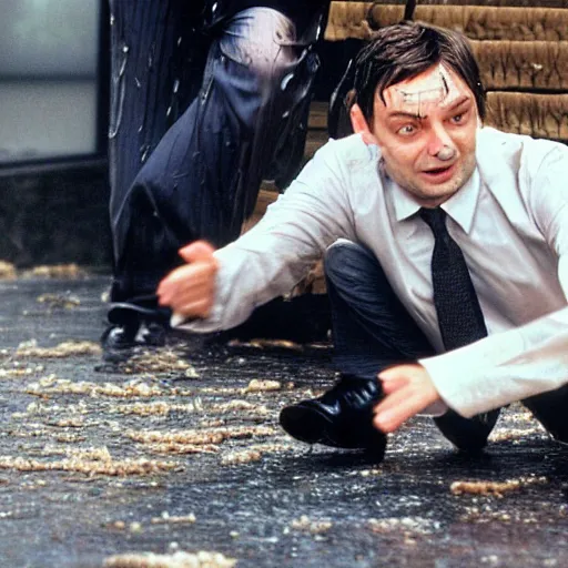 Prompt: mr. bean throwing beans on top of tobey maguire's face, really annoyed, messy, greasy, wet, sloppy