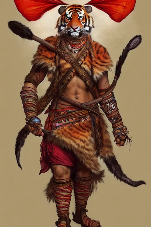 Prompt: full body portrait of anthropomorphic tiger as indian warrior caste, growling, strong and ferocious, red tattered bandana by artgerm, cushart krenz, greg rutkowski, mucha. art nouveau. gloomhaven, full body tiger fur, vibrant colors, sharp edges. ultra clear detailed. 8 k. elegant, intricate, octane render