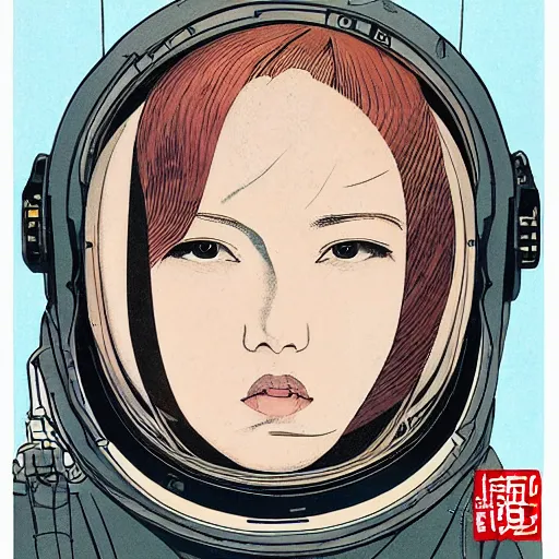 Image similar to portrait of female astronaut painted in miyazaki color style drawn by katsuhiro otomo and takato yamamoto, high detail, intricate linework, sharp, smooth face, china doll face, high detail, manga and anime