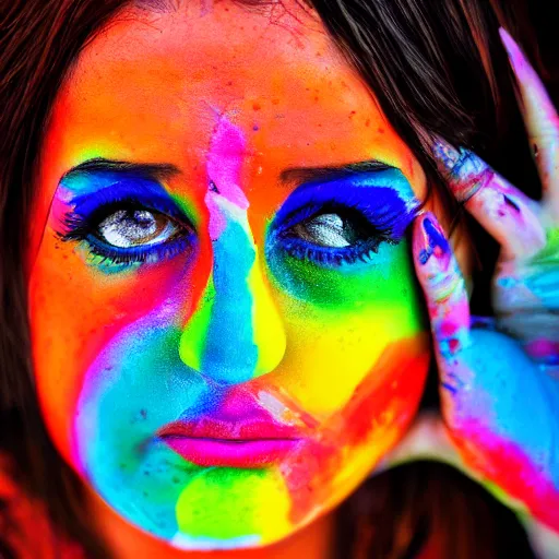 Image similar to woman crying rainbow paint, photography, ultra realistic, hd