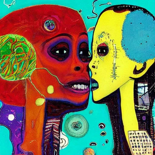 Image similar to beautiful painting of two bizarre psychedelic women kissing each other closeup on an alien planet, speculative evolution, mixed media collage by basquiat and junji ito, magazine collage art, psychedelic illustration