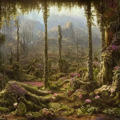 Prompt: a beautiful and highly detailed matte painting of a dead fantasy floral garden in a empty forest in the dry valley high in the most epic mountains ever, intricate details, epic scale, insanely complex, 8 k, sharp focus, hyperrealism, very realistic, by caspar friedrich, greg rutowski, james gurney