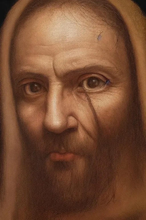 Image similar to hyperrealism close-up portrait Face is half old and half young in style of da Vinci