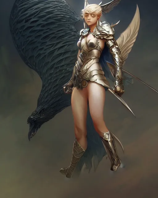 Image similar to 3 / 4 view of a valkyrie, pixie character, genshin impact, fantasy magic, dark light night, intricate, elegant, sharp focus, illustration, highly detailed, concept art, matte, art by wlop and artgerm and greg rutkowski, anime, trending on artstation