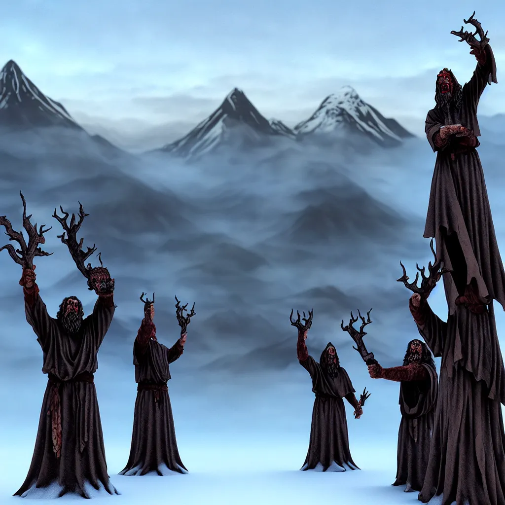 Prompt: evil druids performing a ritual, wooden statue, snowy mountain background, a detailed matte painting, fantasy, foggy, grim, dark