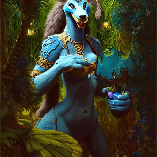 Image similar to a portrait of a female blue dinosaur wearing ornate plastic armor at night in a dark forest. zootopia fursona furaffinity furry art detailed face painting by gaston bussiere craig mullins jc leyendecker gustav klimt artgerm greg rutkowski furry