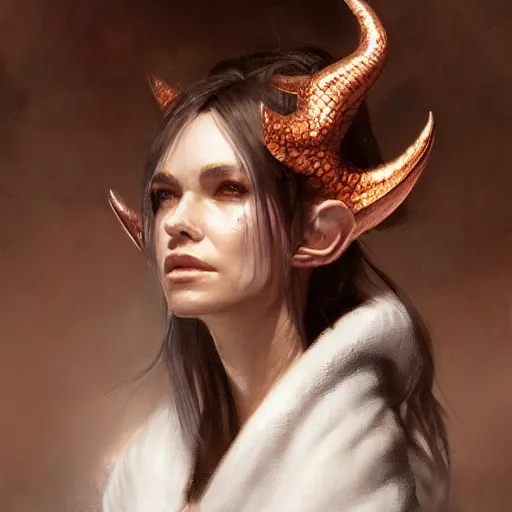 Prompt: A detailed oil portrait of an elf woman with small horns of copper and copper dragon scales covering her arm and neck wearing a simple white robe, by greg rutkowski, trending on artstation, dungeon and dragons art